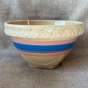 Vintage McCoy Mixing Bowl/Earthware McCoy Bowl/Yellow Glaze Pink Blue Stripe McCoy Mixing Bowl Small/Yellow Ware Pink and Blue/Mixing Bowl