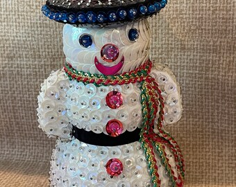 Vintage 70's Sequined Snowman Music Figure/Snowman Christmas Decor/70's Christmas Snowman/Sequined Beaded Snowman Music Box/Holiday Decor