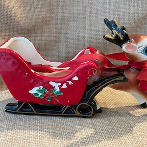Vintage Lefton Reindeer and Sleigh Planter/Rudolph and Sleigh/Lefton Christmas Sleigh Planter/MCM Lefton Christmas Decoration