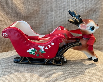 Vintage Lefton Reindeer and Sleigh Planter/Rudolph and Sleigh/Lefton Christmas Sleigh Planter/MCM Lefton Christmas Decoration