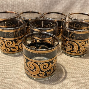 Vintage Culver Bar Glasses Set of 8/Culver Ebony & 22K Gold Glasses with Baroque Scroll Pattern/Culver Barware Glasses/Signed Culver/Barware