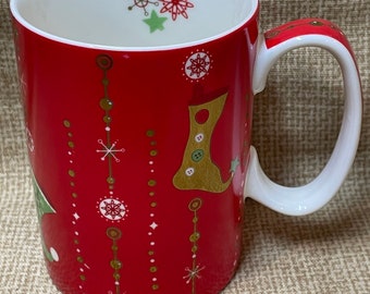 Vintage Starbucks Christmas Mug/Starbucks Christmas Stocking Coffee Mug/Holiday Coffee Cup/14 oz Starbucks Red Mug with Stockings