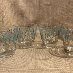 Vintage Fred Press Aqua y Gold Bamboo Low Ball Glasses Set de 4/Firmado Fred Press Low Ball Glasses/Bar Ware/60s Gold Turquoise Low Ball