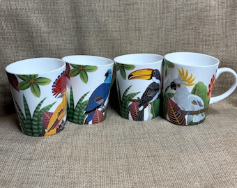 Stechcol Gracie Bone China Birds of Paradise Coffee Mugs Set of 4/Jungle Birds/Drinking/Tropical