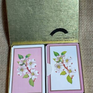 Vintage jaren 1960 roze kornoelje bloemen speelkaarten dubbeldeks set/kornoeljeboom bloem dubbel kaartspel set/zon kappertjes/game-avond/roze kornoelje