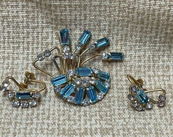 Vintage 1950's Blue Rhinestone Antoinette Brooch and Earring Set/12K Gold Filled Antionette Brooch/Jewelry/MCM Jewelry Set/1/20 12k Gold