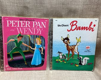 Vintage 1970's Little Golden Book Set of 2/Peter Pan and Wendy/Bambi/Walt Disney Golden Books/Peter Pan/Thumper/Children's Disney Book/Read