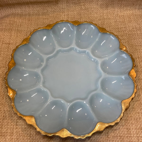 Vintage Delphite Blue Milk Glass Egg Serving Plate/Anchor Hocking/Egg Platter/Blue Milk Glass with Gold Trim/Fire King Blue Milk Glass Plate
