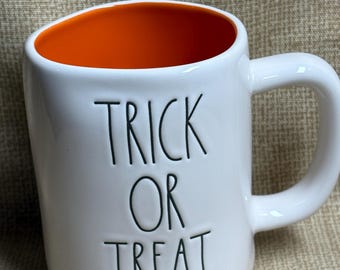 Rae Dunn Trick or Treat Jack O'Lantern Coffee Mug - Large White Mug with Orange Interior-Drinking, Halloween