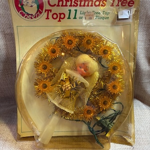 70&#39;s Round Lighted Angel Tree Topper/Gold Angle Lighted Topper/Christmas Tree/Angel/11 Light Tree Top/Wall Decor/Holiday Decor/70s Christmas