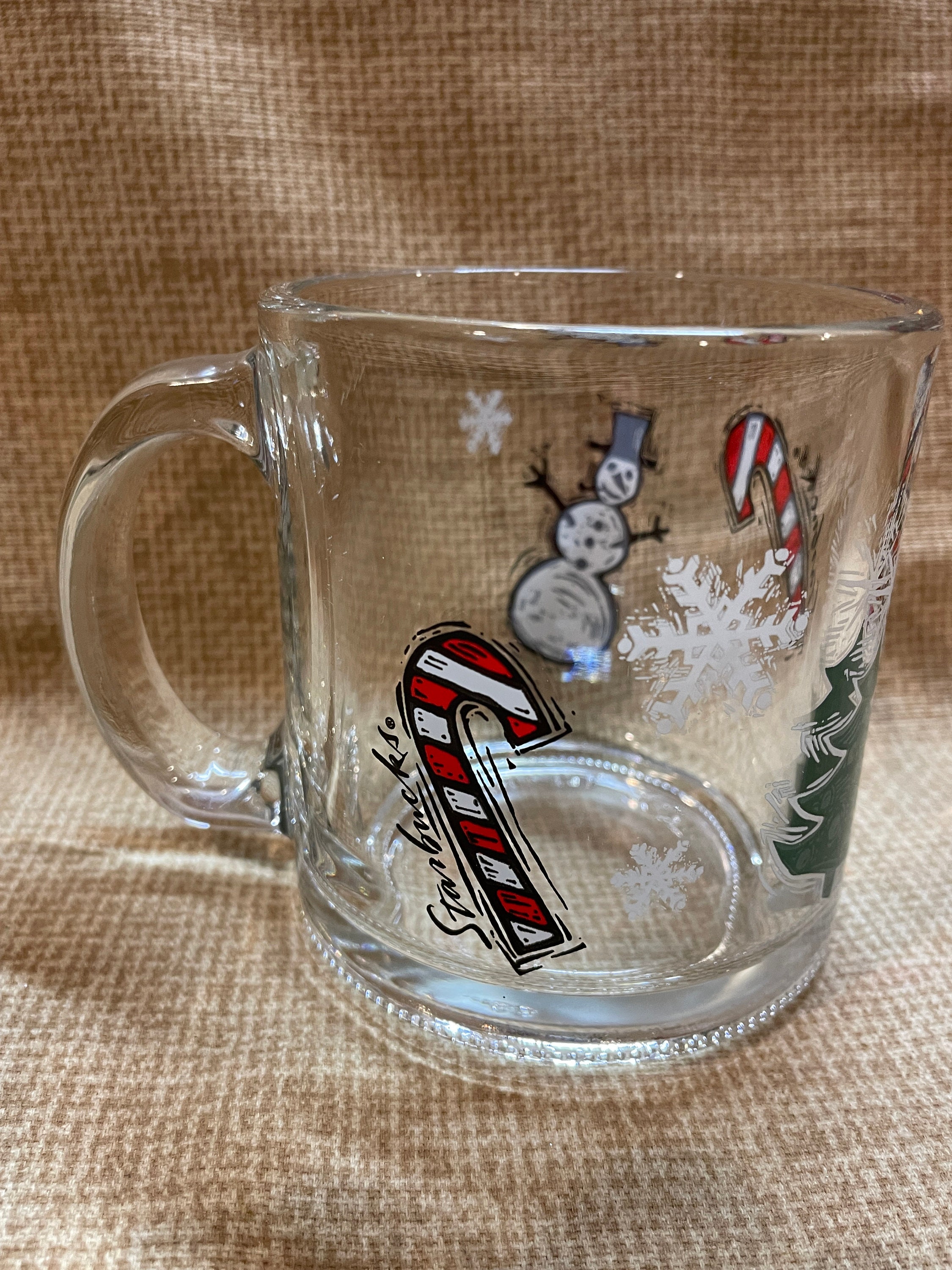 Vintage Starbucks Clear Glass Mug With Snowman Candy Cane and Tree