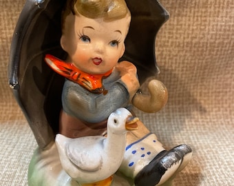 Vintage 1950's Lefton Boy with Goose under Umbrella/Lefton Figurine/Boy with Goose/50's Lefton Sitting Boy under Umbrella/Home Decor