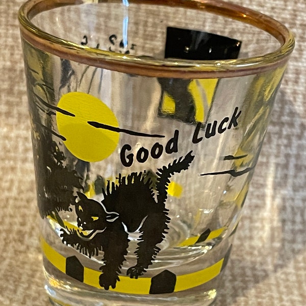 Vintage 1940's Good Luck Black Cat Themed Shot Glass/Black Cat Shot Glass/Barware/Bar/40's Barware/Drinking/Black Cats Shot Glass