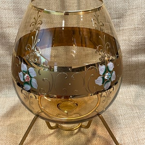 Vintage RARE 1960&#39;s Murano Venetian Hand Blown Painted Raised 24K Gold Oversized Brandy Sniffer/Murano Gold Brandy Sniffer and Stand/Wine