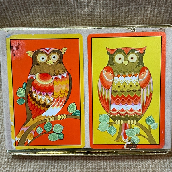 Vintage Congress Double Set of Owl Playing Cards/70's Kitschy Orange Yellow Owl Playing Cards/Cel U Tone Finish/Red Velvetine Box/70s Cards