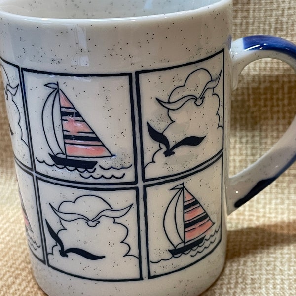 vintage Otagiri bleu nautique glaçure mouchetée mug/voilier et tasse à café mouettes/Tasse en poterie Otagiri/voilier mouette cube mug/café