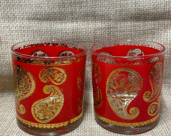 Vintage 60's Culver Red and Gold Paisley Low Ball Glasses Set of 2/MCM Culver Barware/Culver Red Gold Paisley/Hollywood Regency Barware