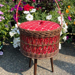 Vintage Three Legged Sewing Basket with insert/Sewing Basket 1950&#39;s/3 leg Tall Sewing Basket with Handle/Sewing Room/Storage/Home Decor/Sew