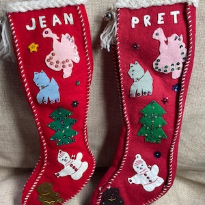 Weihnachtsstrümpfe/Handgefertigte Filzstrümpfe 2er Set/50er Jahre Weihnachtsstrümpfe/Dekoration/Baum/Teddybär/Pailletten/Feiertag/Schneemann