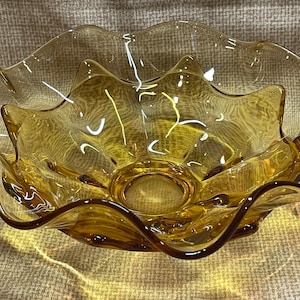 vintage MCM Amber Glass Double Layered Footed Candy Dish/Amber Glass Home Decor Bowl/Amber Ruffled Edge Double Layer Dish/Home Decor