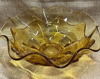 Vintage MCM Amber Glass Double Layered Footed Candy Dish/Amber Glass Home Decor Bowl/Amber Ruffled Edge Double Layer Dish/Home Decor
