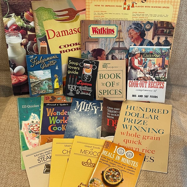 Vintage 50's-60's Recipe Booklets/50's Cookbooks/Watkins/Bisquick/Meals in Minutes/Fishermen's Grotto/Harwood & Tjaden's/Spice Chart