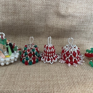 Vintage 70&#39;s Beaded Christmas Bell Ornaments Set of 3/Christmas Bells/Beaded Ornaments/Kitschy Beaded Umbrella/Hand Made Christmas Ornaments