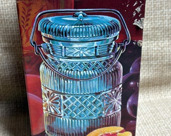 Vintage AVON Country Peaches Soap Jar and 6 Peach Scented Soaps/Fruit Jar/Decorative Blue Glass Mason Jar with Glass Lid/Home Decor/Bathroom