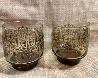 Vintage Libbey Smokey Brown Pedestal Glasses with Raised Swirl Design/