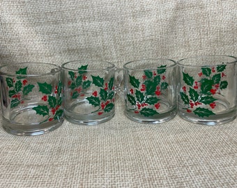 Vintage 1970's Indiana Holly and Berry Glass Mugs Set of 4/ Holly and Berry Small Clear Glass Mugs/Set of 4 Holly Mugs/Christmas Mugs