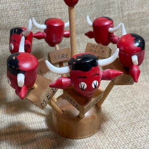 Vintage Red Bull Wooden Meat Steak Markers Set of 6/Made in Japan/BBQ 60&#39;s Steak Markers/Rare to Well Done/Cow Steak Markers/BBQ Kitschy