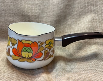 Vintage Santo Ware Show Pfannen Made in Japan / Country Blumen Muster / Porzellan emaillierter Stahl Ofen für Tisch Kochgeschirr / 1 Qt Pan mit Auslauf
