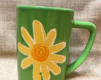 Vintage Waechtersbach Yellow Flower Green Mug/Green Waechtersbach Mug with Yellow Flower/Coffee Mug/Daisy Mug