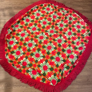 Vintage 60&#39;s Vera Neumann Red Floral Round Tablecloth/Vera Abstract Floral Tablecloth/MCM Vera Dining Red Orange Green Tablecloth/Holiday