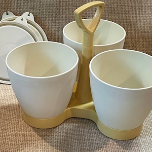 Vintage Tupperware Condiment Caddy Set/Almond and Gold Tupperware 3 Container Serving Set/Condiment Serving Set/Patio BBQ Serving Set 1970s