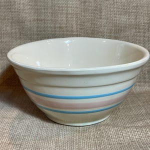 Vintage #8 Ovenware USA Stoneware Banded Bowl/40&#39;s Kitchen Bowl/Watts Bowl/Pink Blue Striped Banded Ovenware 8 Bowl/Mixing Bowl/Bread Bowl