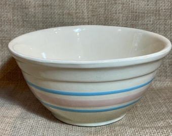 Vintage #8 Ovenware USA Stoneware Banded Bowl/40&#39;s Kitchen Bowl/Watts Bowl/Pink Blue Striped Banded Ovenware 8 Bowl/Mixing Bowl/Bread Bowl