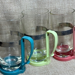 Vintage Kitschy Glasses with Holders Set of 3/Handle Holder with Glasses/60s Drinkware/Unique Removable Glass/Acrylic and Metal Glass Holder