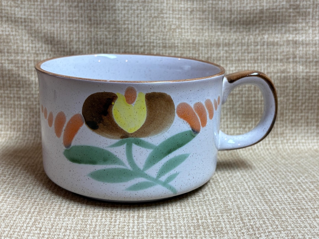 Vintage 70 s Stoneware Soup Bowl Mug With Flowers speckled Glaze vintage-70-s-stoneware-soup-bowl-mug-with-flowers-speckled-glaze