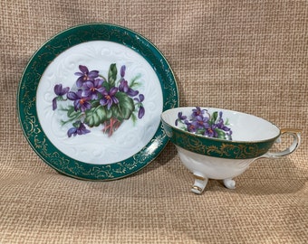Vintage Footed Violets Tea Cup and Saucer Set/Made in Japan/Purple Violets Tea Cup Set/U1530 Japan/Green and Gold Trim Tea Cup Set/Violets
