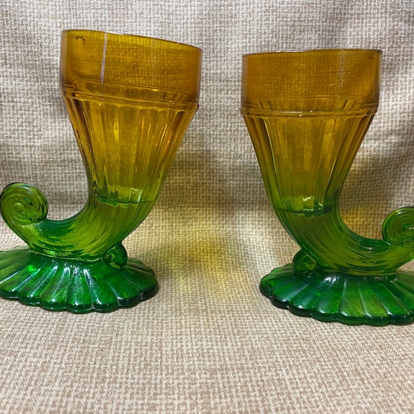 Vintage Jeanette Glass Co Cornucopia Horn of Plenty Vases/Gold and Green Horn of Plenty Vases/Gold to Green Two Tone/Home Decor/Jeanette