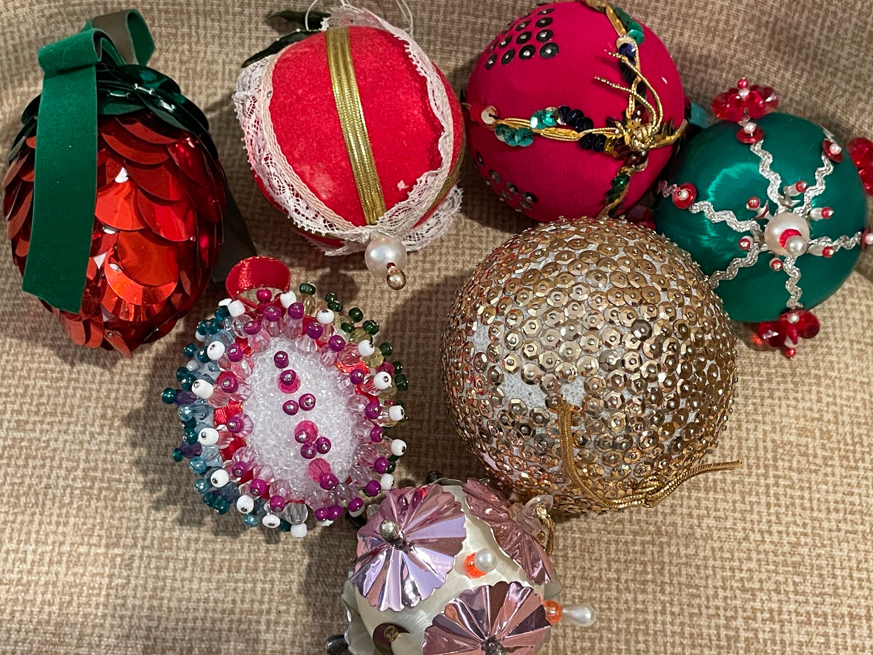 Vintage Satin Beaded Christmas Ornaments Set of 7 70s Hand Made Christmas Beaded Ornaments tree Decor satin Beaded Sequin Ornaments holiday Etsy UK