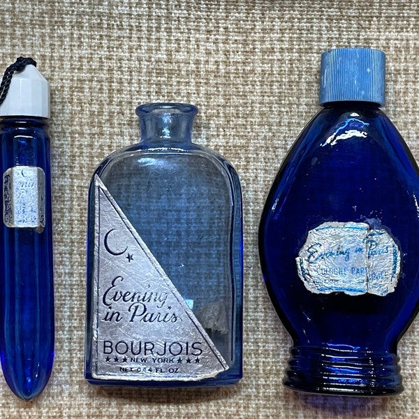 vintage 1940's Evening in Paris Blue Perfume Bottles Set of 3/Evening in Paris/Colbalt Blue Perfume Bottles/Bourjois/Cylinder Perfume Bottle