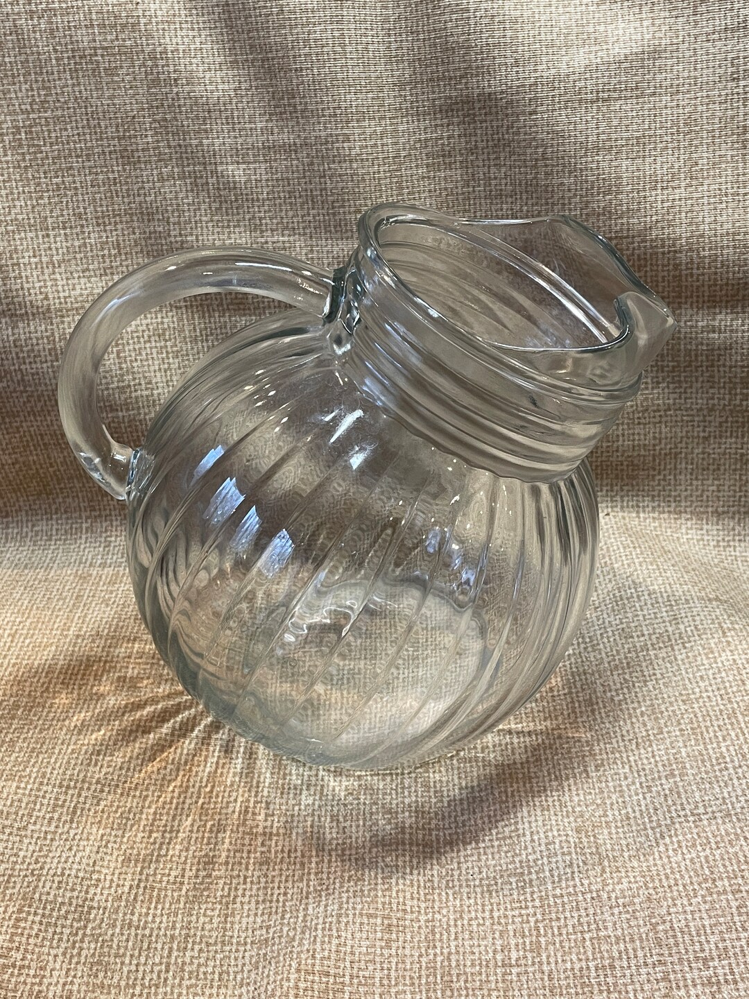 Vintage MCM Large Glass Ribbed Tilted Ball Pitcher/clear Glass Serving