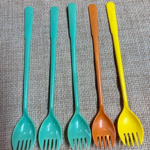 Vintage Tupperware Fork O Spoon Set of 5/Long Spoons/Tupperware/Drink Spoons/70&#39;s-80&#39;s Tupperware/Ice Tea Spoons/Long Serving Fork O Spoon