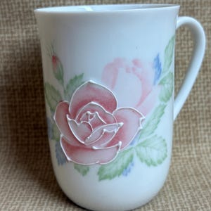 Vintage Otagiri Pink Rose Mug/Pastel Colors/Rose Flowers/Raised Outline Mug/MCM Otagiri Mug/Japan/Drinking Mug/Coffee Mug/Pink Rose