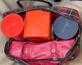 Vintage Aladdin Red and Black Plaid Picnic Pack with Tote/Double Thermos Picnic Pack/60's Camping Picnic Rv Thermos Tote/Kitschy Picnic/Tote