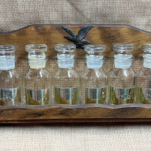 Vintage 70&#39;s Clear Spice Jar with Rack/Spice Jar Set/Kitchen Organizer/Spice Rack with Eagle/Japan/Kitchen Wall Decor/Glass Spice Jars