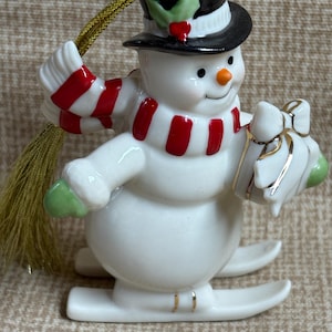 Vintage Lenox Snowman Skiing Ornament/Snowman/Lenox Christmas/Ornament/Holiday Decoration/Ivory and Gold Snowman/Lenox Very Merry Snowman