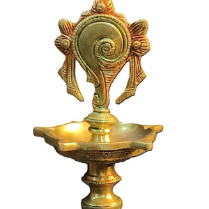 Brass Shankh Chakra Namah Diya - 12 Inch Spiritual Lamp, Brass diya Stand, brass oil lamp, Long Brass diya stand, Traditional diya, Gift